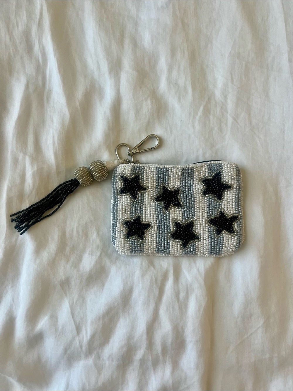 Wandering Moon INDIA~Beaded Pouch - Black and Gray Handmade Stars & Stripes NWOT